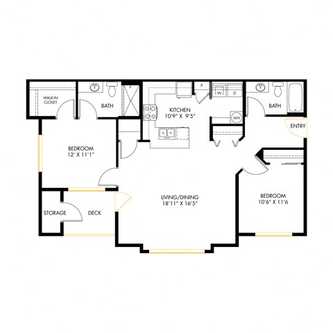 Floor plan for 2 beds, 2 baths, 1074 sqft